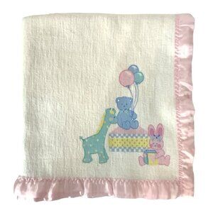 Vintage Riegel Baby Blanket Soft Cotton Pink Satin Trim 36x50 Pastel Animals